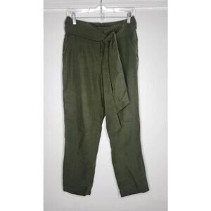 Tie Waist Pants Womens 6 Green Cropped Paperbag High Rise Lightweight Casual